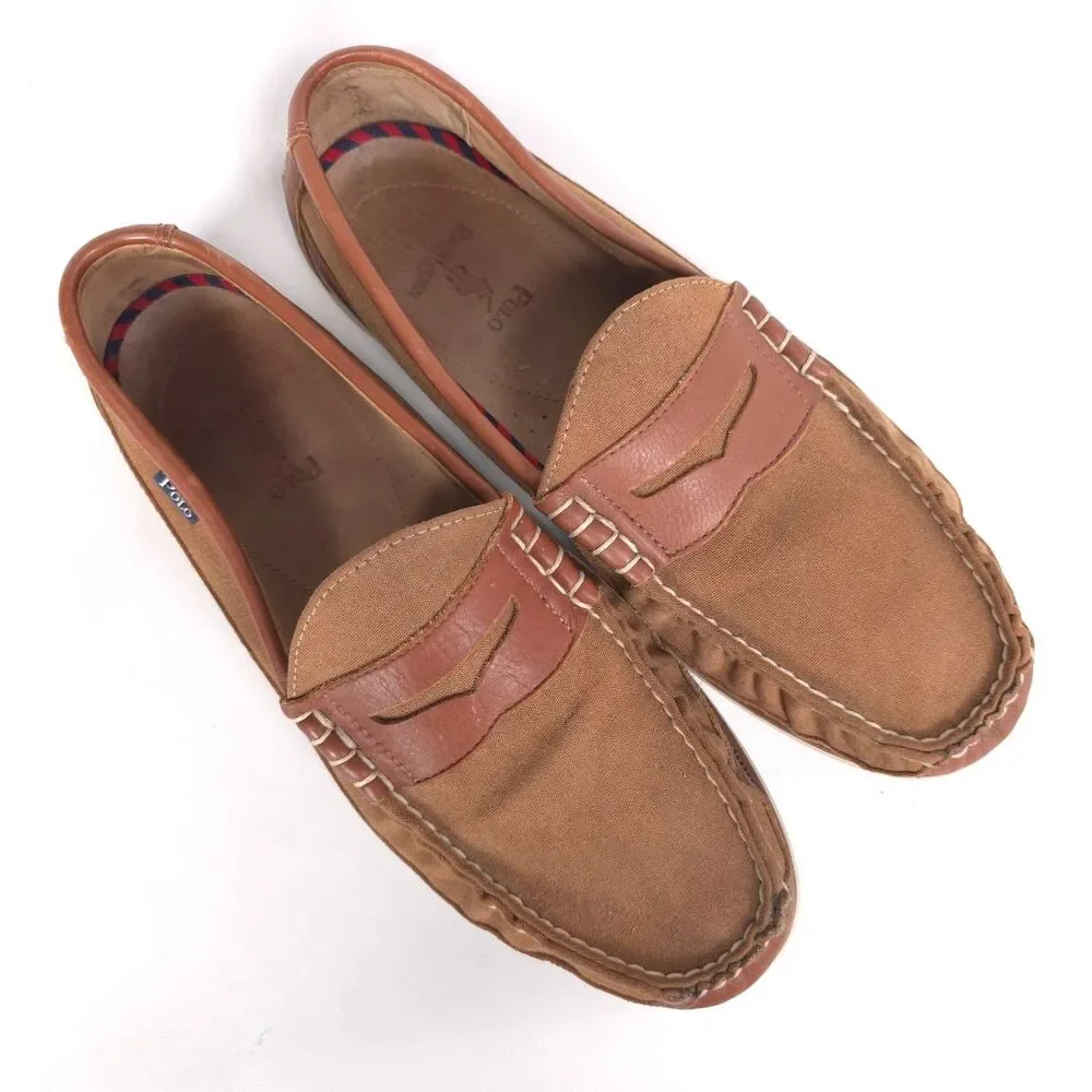 POLO‎ RALPH LAUREN Blackley 10.5D Leather Textile Loafers Brown Men’s Shoes